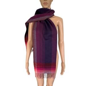 Hannah Rose 100% Cashmere Scarf Sunset Plaid Cozy Softcore Fringe Preppy Luxury